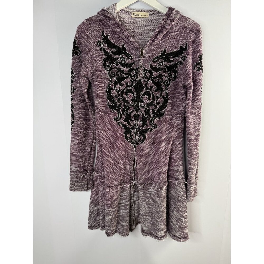 Vocal USA Full Zip Tunic Hoodie Purple Jeweled Y2K Whimsigoth Tattoo Goth READ